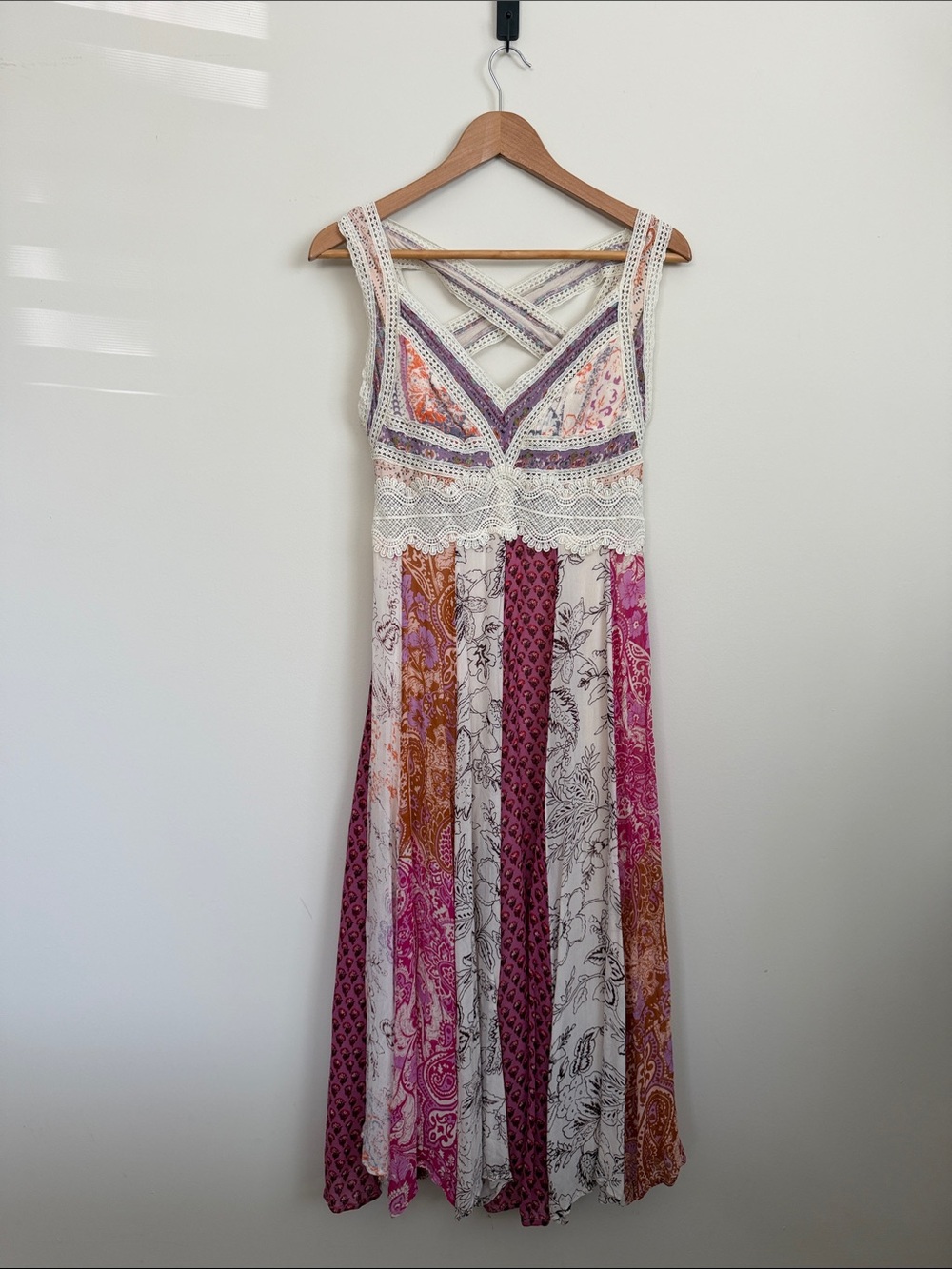 Anthropologie Boho Patchwork Maxi Dress in Pink & Cream